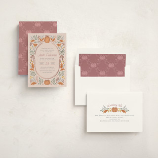 This is a orchid foil stamped baby shower invitations with foil pressed by Laura Hankins called pumpkins + bows printing on signature in standard