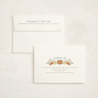 This is a cornflower foil stamped baby shower invitations with foil pressed by Laura Hankins called pumpkins + bows printing on signature in standard
