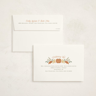 This is a tearose foil stamped baby shower invitations with foil pressed by Laura Hankins called pumpkins + bows printing on signature in standard