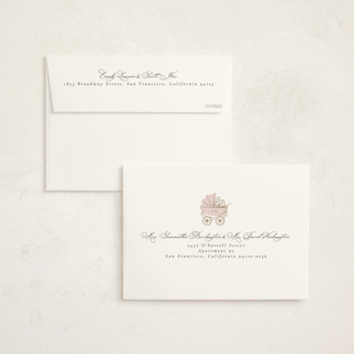 This is a antique blush foil stamped baby shower invitations with foil pressed by Ana de Sousa called petal & pram printing on signature in standard