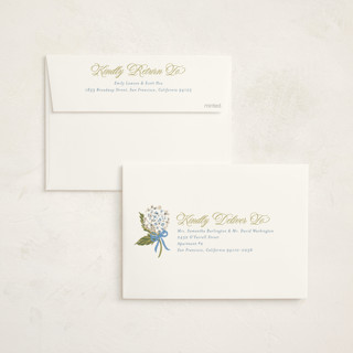 This is a blue bell foil stamped baby shower invitations with foil pressed by Jackie Crawford called hydrangea bow bouquets printing on signature in standard