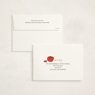 This is a tomato foil stamped baby shower invitations with foil pressed by Jenna Holcomb called pasta sauce printing on signature in standard