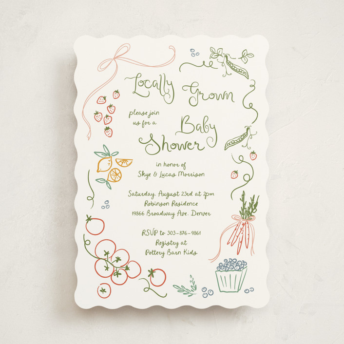 "Locally Grown Sketch" - Preppy, Hand Drawn Baby Shower Invitations in Meadow by Jenna Holcomb.