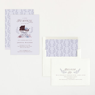 This is a lilac baby shower invitations with standard by Petra Kern called pumpkin stroller printing on signature in standard
