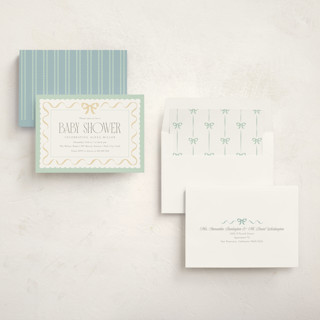 This is a mint baby shower invitations with standard by Robert and Stella called ribbon toss printing on signature in standard
