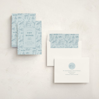 This is a water baby shower invitations with standard by Teju Reval called forest toile printing on signature in standard