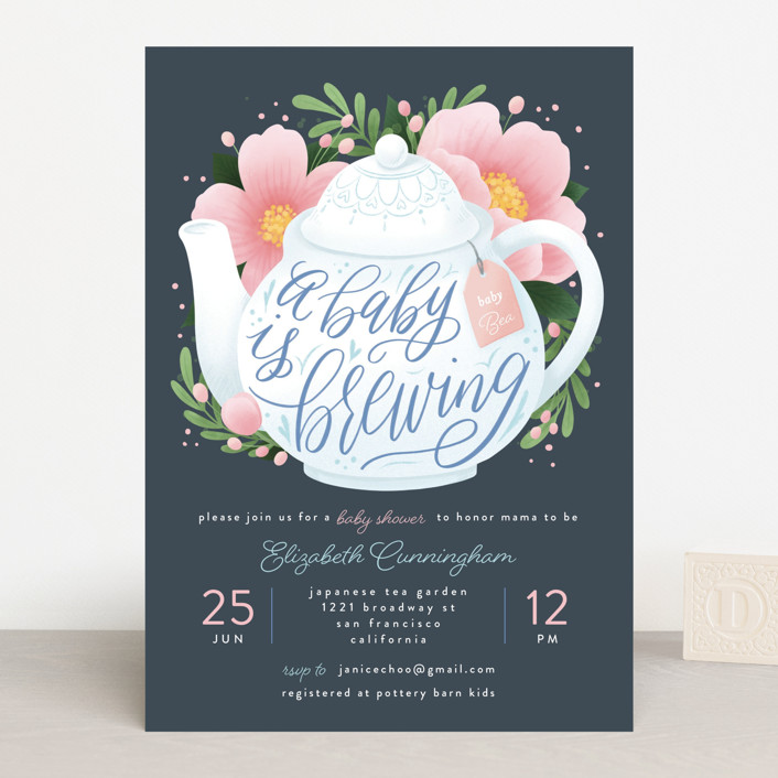 "A Baby Is Brewing" - Whimsical & Funny Baby Shower Invitations in Navy by Shannon Chen of Four Wet Feet Studio.