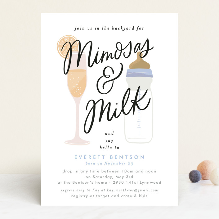"Mimosas and Milk" - Whimsical & Funny Baby Shower Invitations in Sky by Alethea and Ruth.