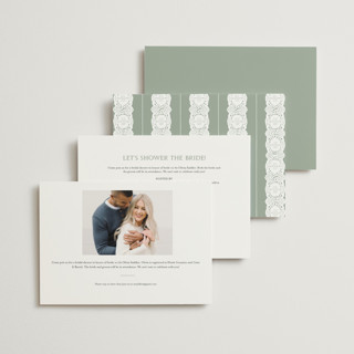 This is a sage bridal shower invitations with standard by Studio Suku called lace printing on signature in standard