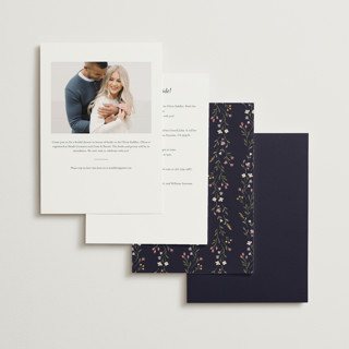 This is a navy bridal shower invitations with standard by Katherine Moynagh called floral greenery printing on signature in standard
