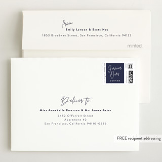 This is a navy wedding thank you cards with standard by Pixel and Hank called forever love printing on signature in standard