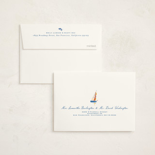 This is a maritime baby thank you cards with standard by Corinne Malesic called little sail boat printing on signature in standard