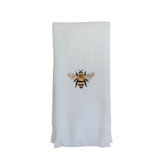 This is a white direct from artists by Virginia Marcello called fingertip towel embroidered with bumble bee design in standard