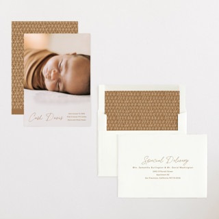 This is a rust birth announcements with standard by Stacey Meacham called swaddle printing on recycled smooth signature in standard