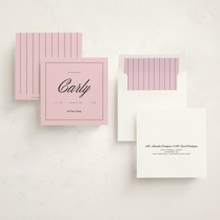 This is a petal birth announcements with standard by Jen Ramsey called baby time printing on signature in standard