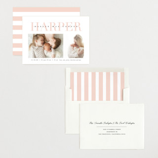 This is a blush birth announcements with standard by Lauren Chism called love-ly printing on recycled smooth signature in standard