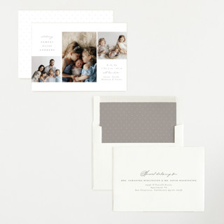 This is a sand birth announcements with standard by Emily Betts called three printing on recycled smooth signature in standard