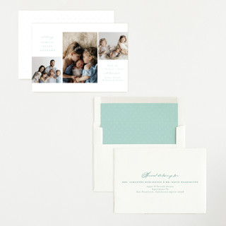 This is a seafoam birth announcements with standard by Emily Betts called three printing on recycled smooth signature in standard