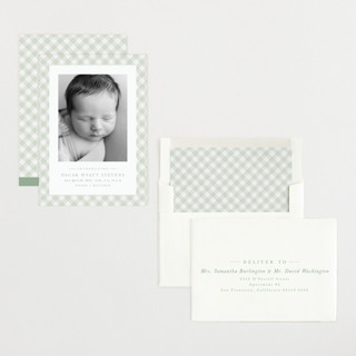 This is a leaf birth announcements with standard by Lea Delaveris called checked printing on recycled smooth signature in standard