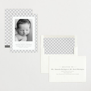 This is a pebble birth announcements with standard by Lea Delaveris called checked printing on recycled smooth signature in standard