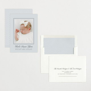 This is a cloud birth announcements with standard by mo kelley called classical border printing on recycled smooth signature in standard