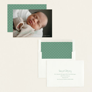 This is a sage birth announcements with standard by Lauren Chism called written whimsy printing on recycled smooth signature in standard
