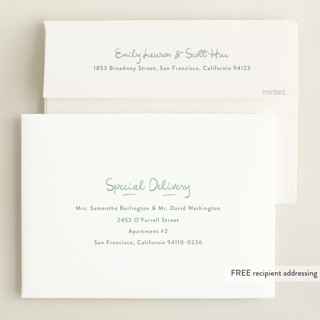 This is a sage birth announcements with standard by Lauren Chism called written whimsy printing on recycled smooth signature in standard