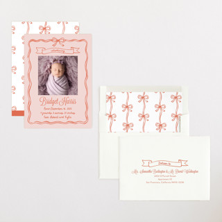 This is a sunset coral birth announcements with standard by Cass Loh called bow frame printing on recycled smooth signature in standard