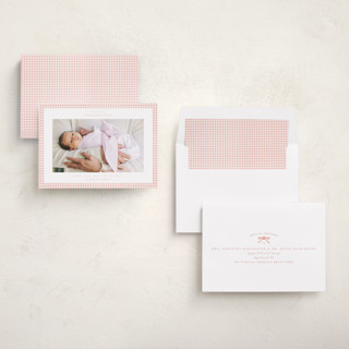 This is a blush birth announcements with standard by Claudia Orengo called preppy fabric printing on recycled smooth signature in standard