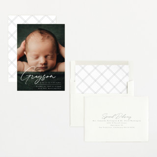 This is a frost birth announcements with standard by Everett Paper Goods called linear printing on recycled smooth signature in standard