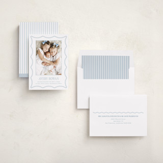 This is a powder birth announcements with standard by Jenna Holcomb called rickrack printing on recycled smooth signature in standard