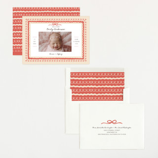 This is a latte birth announcements with standard by Kartika Paramita called vintage love bow printing on recycled smooth signature in standard