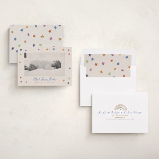 This is a rainbow birth announcements with standard by Maja Cunningham called starlight printing on recycled smooth signature in standard