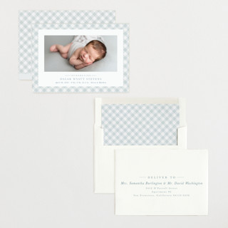 This is a sky birth announcements with standard by Lea Delaveris called checked printing on recycled smooth signature in standard