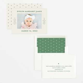 This is a clover birth announcements with standard by Megan Davis called present perfect printing on recycled smooth signature in standard