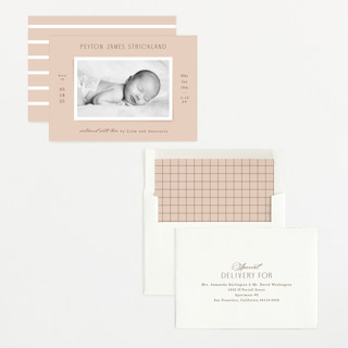 This is a apricot birth announcements with standard by Hooray Creative called classical printing on recycled smooth signature in standard