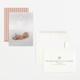 This is a petal birth announcements with standard by Robert and Stella called cameo printing on recycled smooth signature in standard