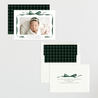 This is a evergreen birth announcements with standard by Olivia Kanaley Inman called bow printing on recycled smooth signature in standard