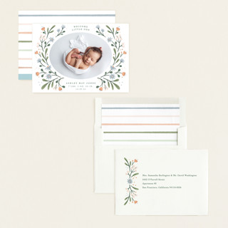 This is a peach birth announcements with standard by Alice Nelen called spring blooms printing on recycled smooth signature in standard