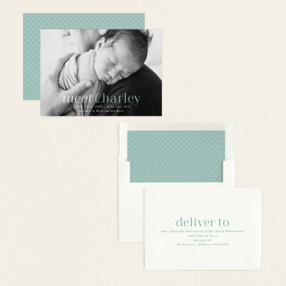 This is a seafoam birth announcements with standard by Hooray Creative called meet charley printing on recycled smooth signature in standard