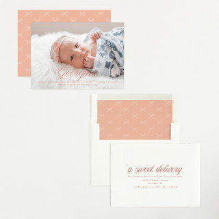 This is a coral birth announcements with standard by chocomocacino called cupcake printing on recycled smooth signature in standard