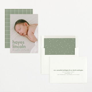 This is a sage birth announcements with standard by Ellen Schlegelmilch called hayes printing on recycled smooth signature in standard