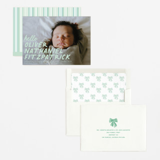 This is a mint birth announcements with standard by Angela Marzuki called casual hello printing on recycled smooth signature in standard