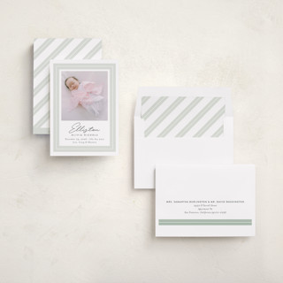 This is a sage birth announcements with standard by Jessica Williams called serene printing on recycled smooth signature in standard