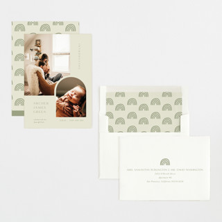 This is a olive birth announcements with standard by Robin Ott called modern inset printing on recycled smooth signature in standard