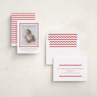 This is a cinnabar birth announcements with standard by Megan Davis called ric rac printing on recycled smooth signature in standard