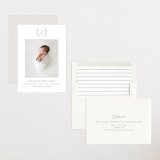 This is a dove birth announcements with standard by Vanessa Doyle called monogram laurel printing on recycled smooth signature in standard