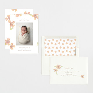 This is a peach birth announcements with standard by Melinda Denison called flower petals printing on recycled smooth signature in standard
