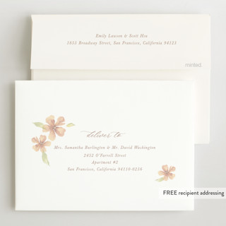 This is a peach birth announcements with standard by Melinda Denison called flower petals printing on recycled smooth signature in standard