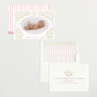 This is a cotton candy birth announcements with standard by Creo Study called cottagecore printing on recycled smooth signature in standard